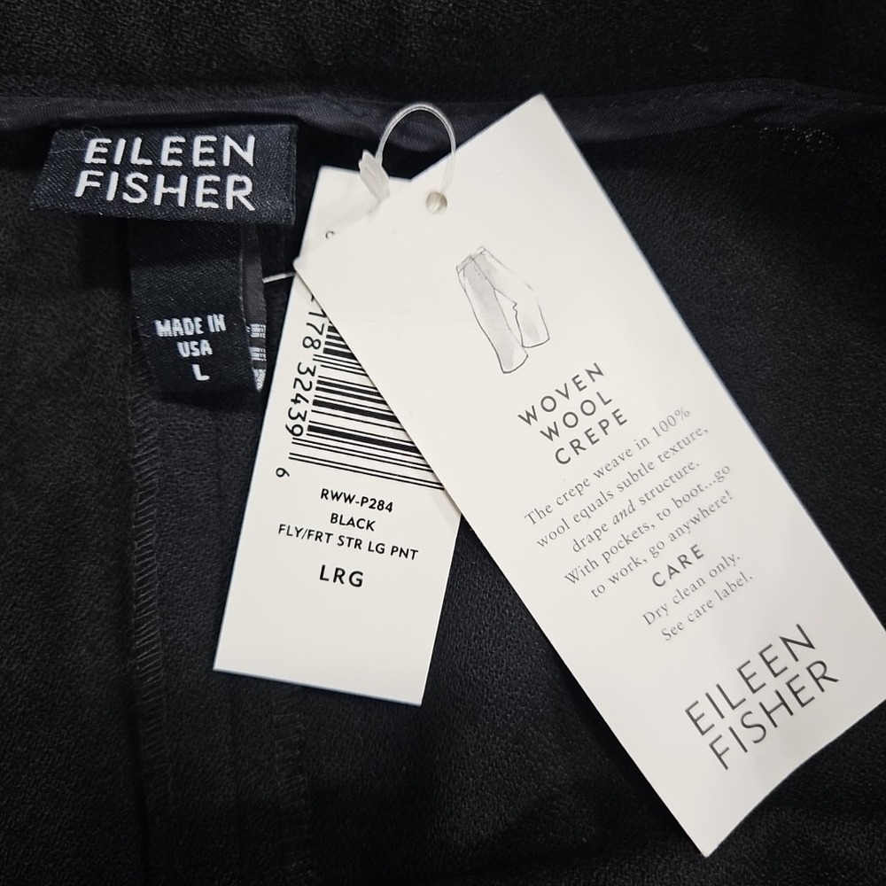 Eileen Fisher Large Black Woven Wool Crepe Straight Leg Trouser Pants Pockets - Picture 4 of 9